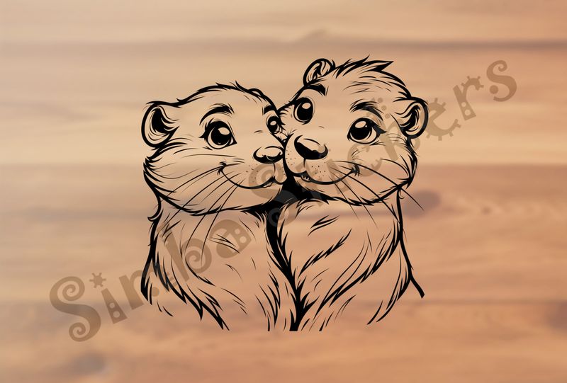 Beavers smiling and cuccling cheek-to-cheek, outline art