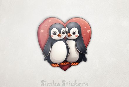 Penguins cheek-to-cheek with romantic Valentine&#x27;s heart, epucnh