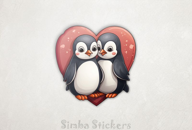 Penguins cheek-to-cheek with romantic Valentine&#x27;s heart, epucnh