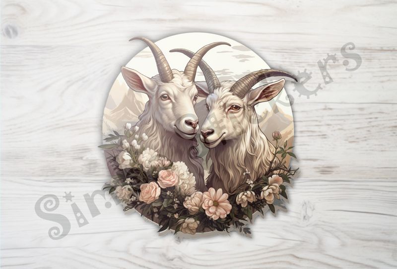 White goats nose-to-nose in love, over wreath of flowers