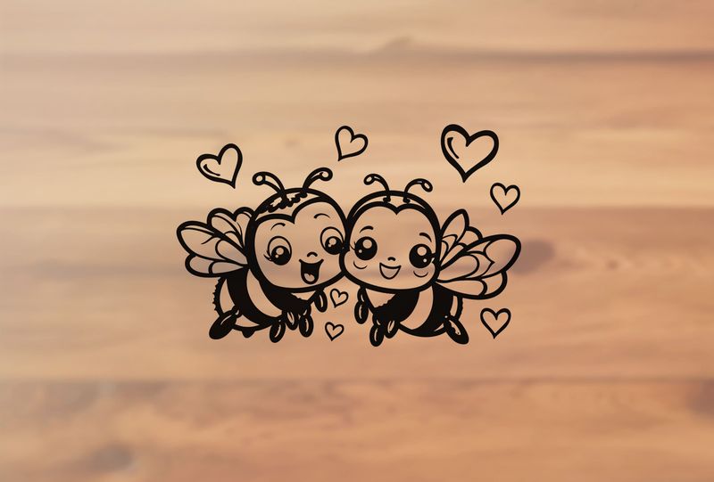 Happy bees in love cheek-to-cheek buzzing, romantic hearts above, outline art