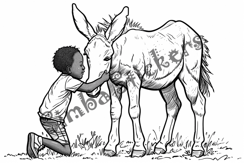 Colouring pages, bundle of mules hugged by child, 10 images