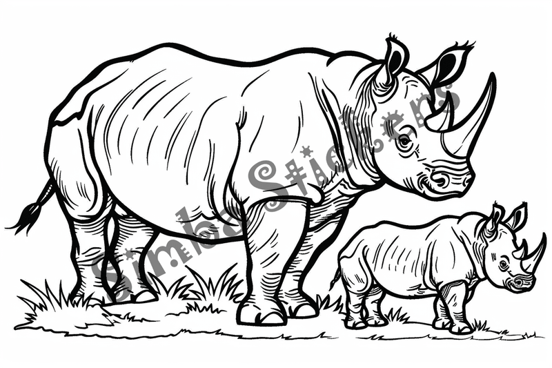 Colouring pages, bundle of rhino families, 10 images