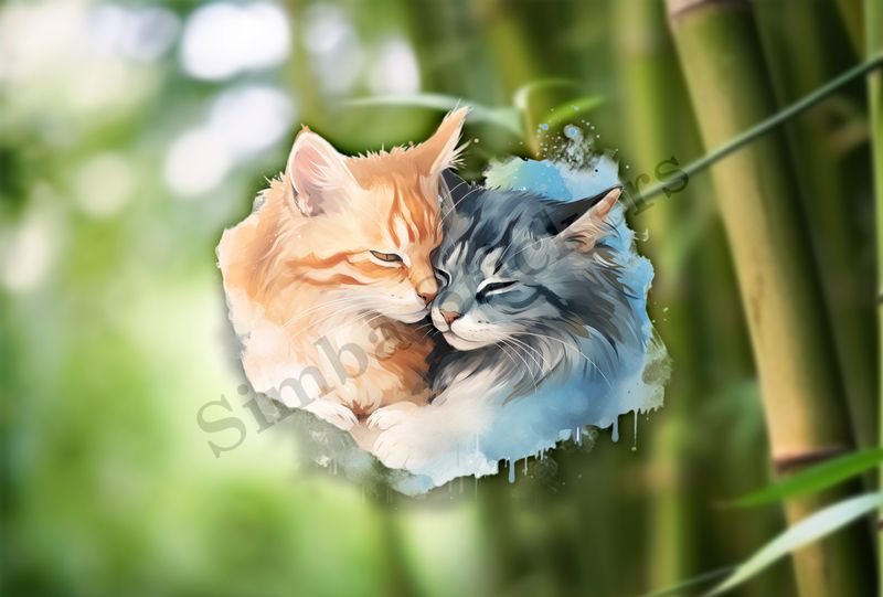 Cats cuddling, watercolour