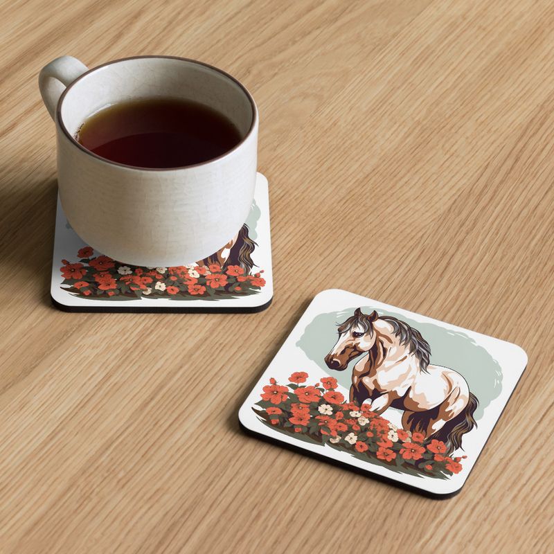 Cork-Back Coaster, Brown horse in field of red flowers, n4w2fj, mirrored