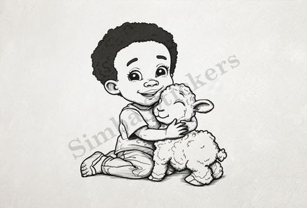 Lamb being hugged by small boy of African origin, outline art
