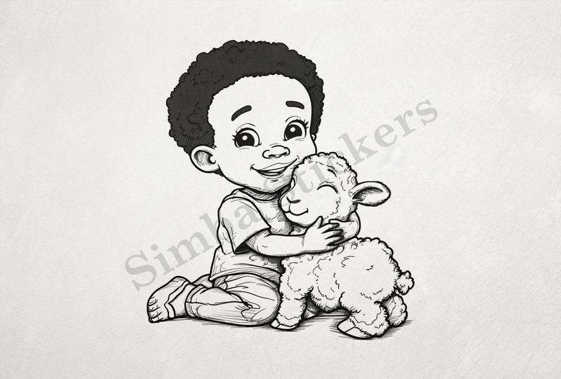 Lamb being hugged by small boy of African origin, outline art