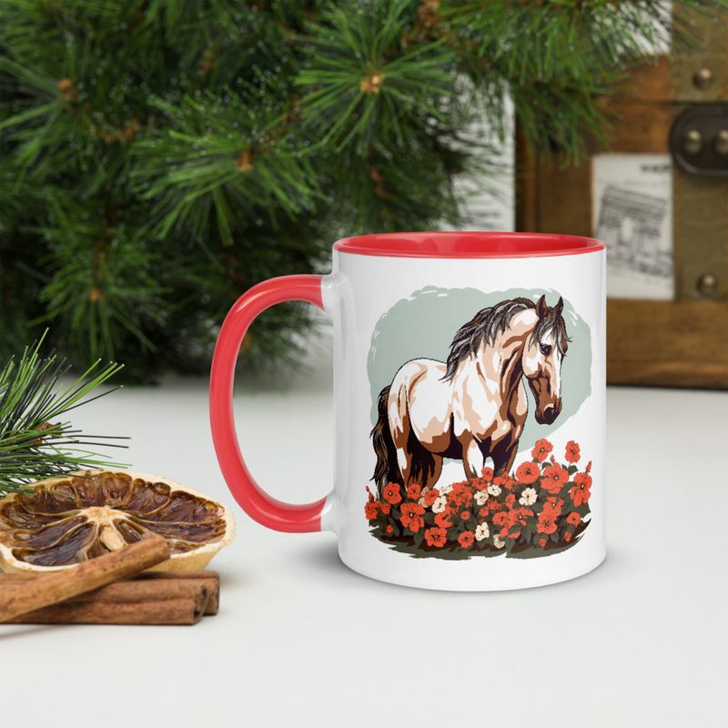 White Ceramic Mug with Color Inside, 11&amp;15oz, Brown horse in field of red flowers, n4w2fj