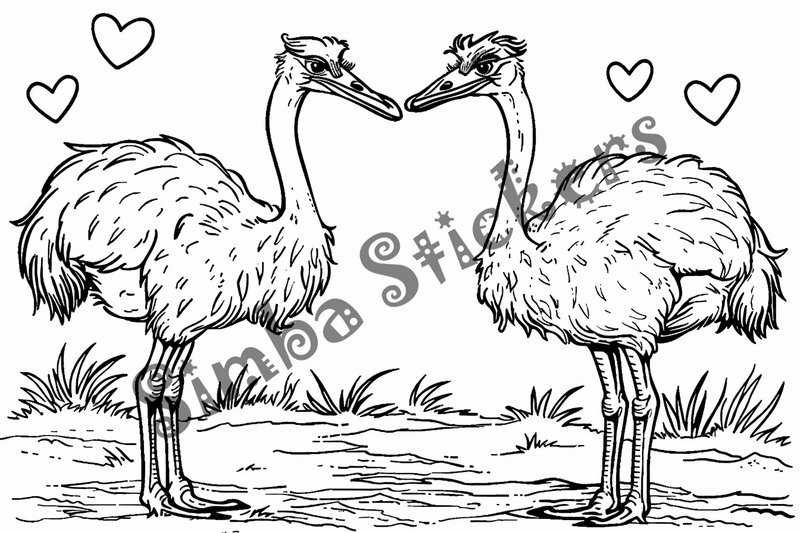 Colouring pages, bundle of ostriches in love, 25 images