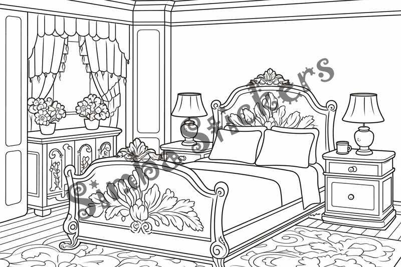 Colouring pages, bundle of house bedrooms, 25 images