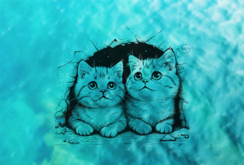 Cat kittens, romantic, outline art