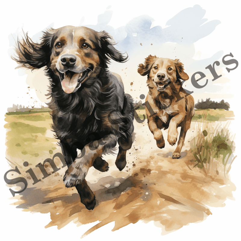 Dogs running, chasing each other, watercolour, image set, 10 images