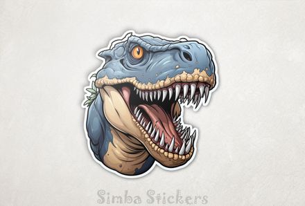 Bluish dinosaur showing large teeth