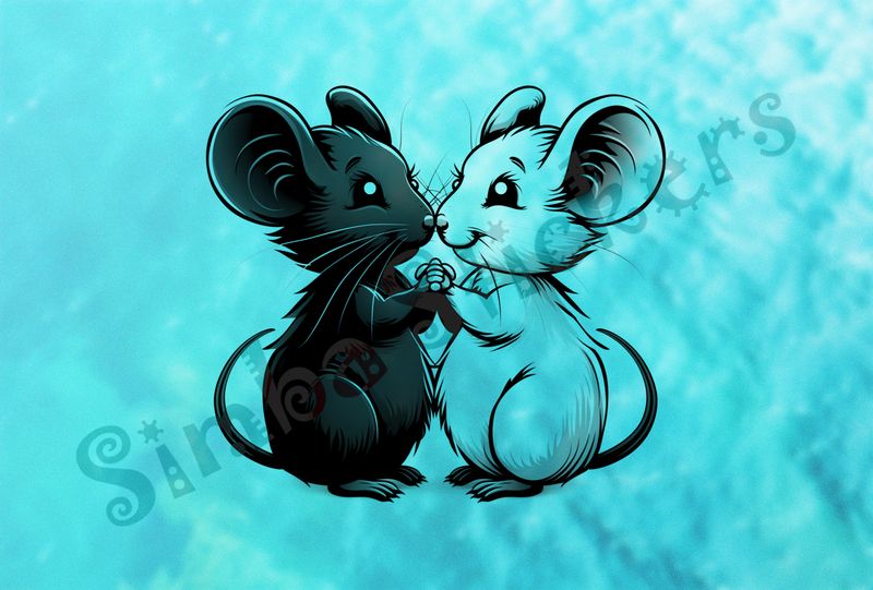 Mice nose-to-nose, holding hands, outline art
