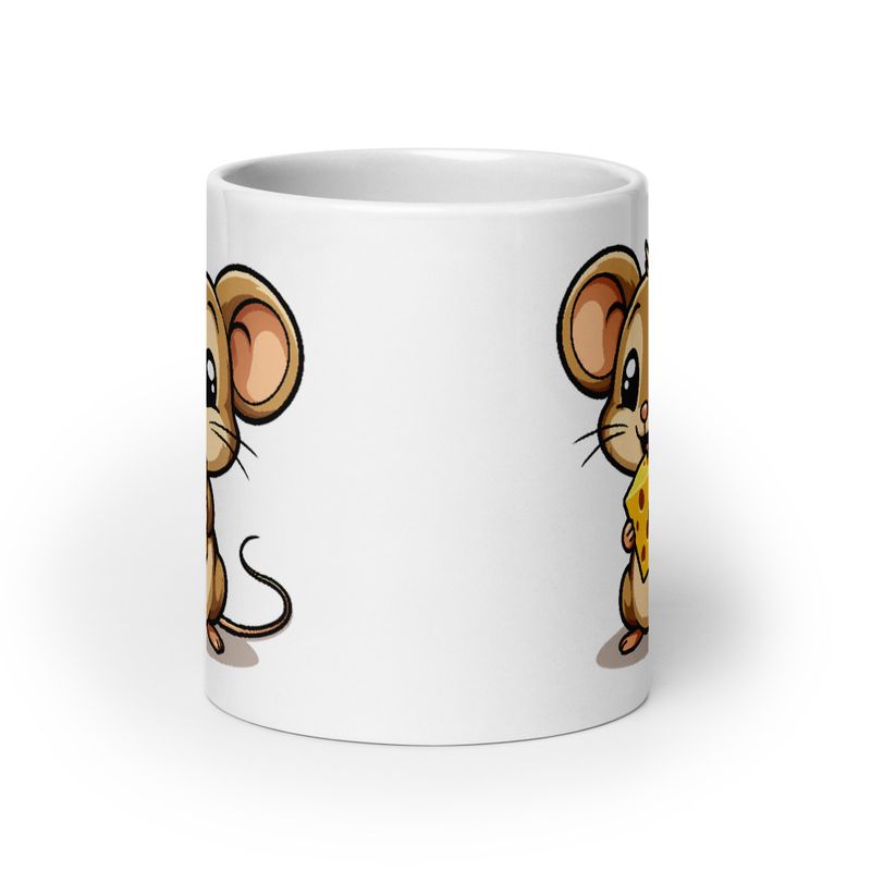 White Glossy Mug, 20oz, Small Mouse happily licking large chunk of cheese, pqapy6