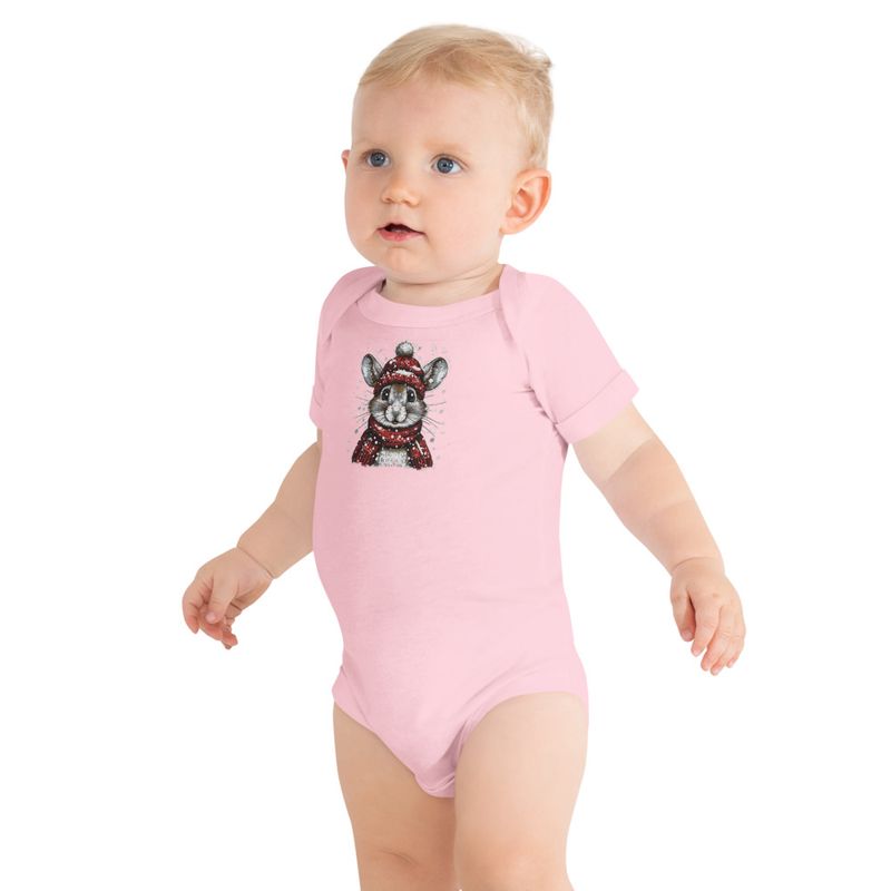 Embroidered Baby Short Sleeve One Piece, Mouse wearing red winter hat and scarf in the snow, xg8dl3