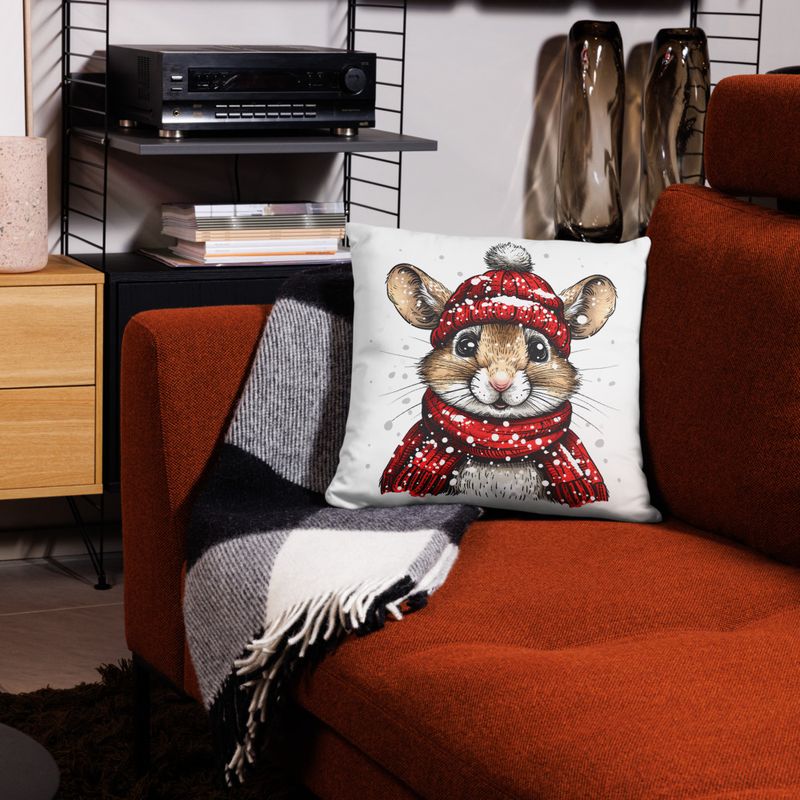 Pillow case 18x18, Mouse wearing red winter hat and scarf in the snow, xg8dl3