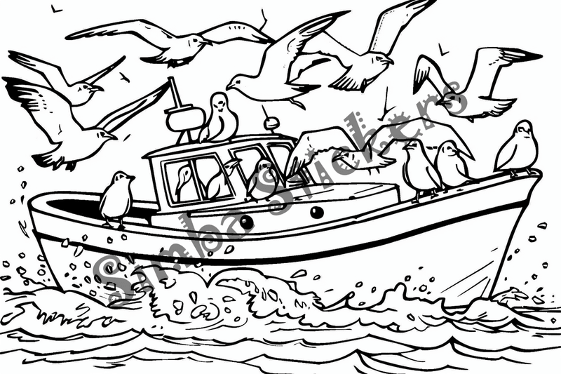 Colouring pages, bundle of seagulls harassing boats, 10 images