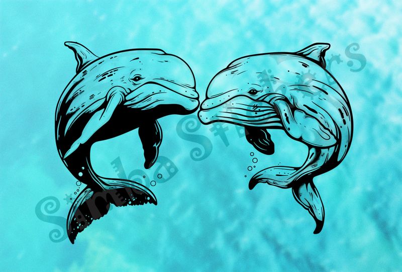 Whales nose-to-nose in love, under water, outline art