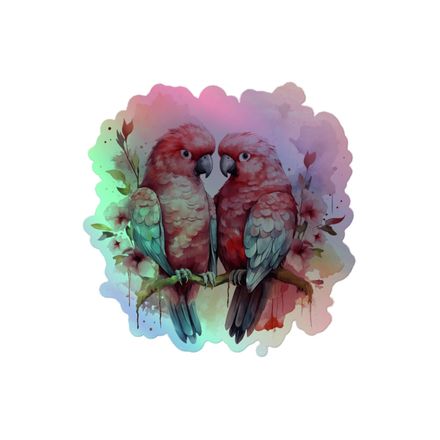 Kiss-Cut Holographic Sticker, Reddish parrots perching in pinkish background, watercolour, kzebwr