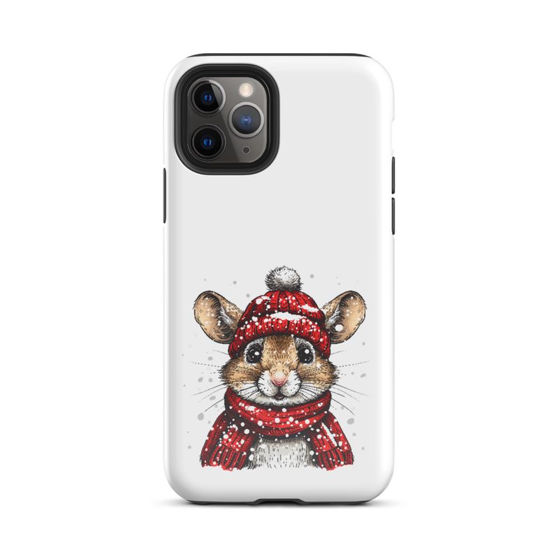 Tough Case for iPhone, Mouse wearing red winter hat and scarf in the snow, xg8dl3