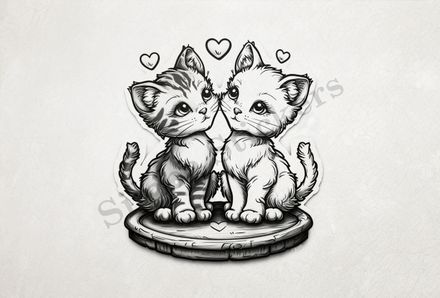 Cats in love, on wooden stand, outline art