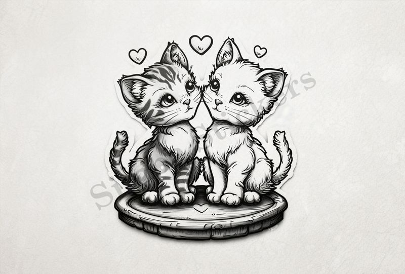 Cats in love, on wooden stand, outline art