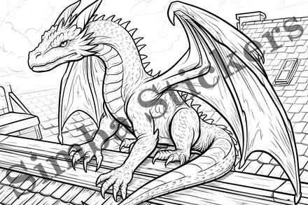 Colouring pages, bundle of dragons in cityscape, 10 images