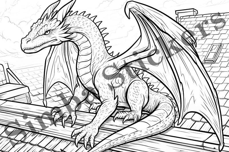 Colouring pages, bundle of dragons in cityscape, 10 images