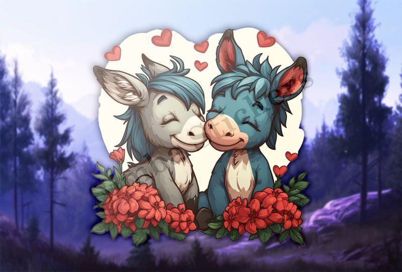 Small donkeys in love, flowers all around