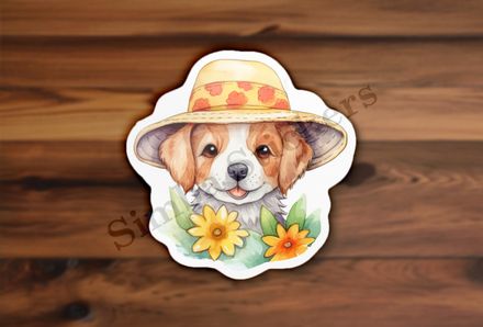 Dog in a hat, with flowers