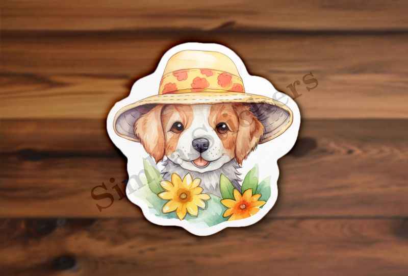 Dog in a hat, with flowers