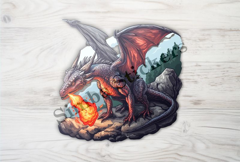 Dragon breathing fire from a high rock