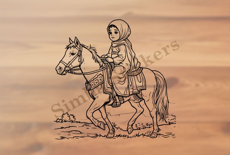 Horse being petted by a small veiled Mediterranean girl, outline art