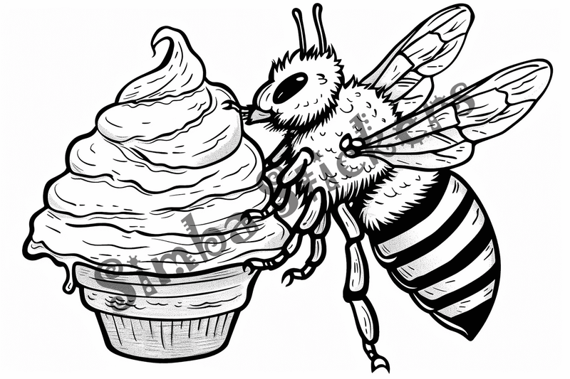 Colouring pages, bundle of bees around food, 10 images