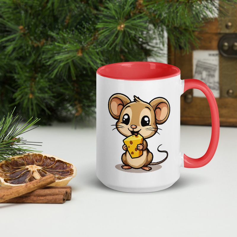 White Ceramic Mug with Color Inside,11&amp;15oz,Small Mouse happily licking large chunk of cheese,pqapy6