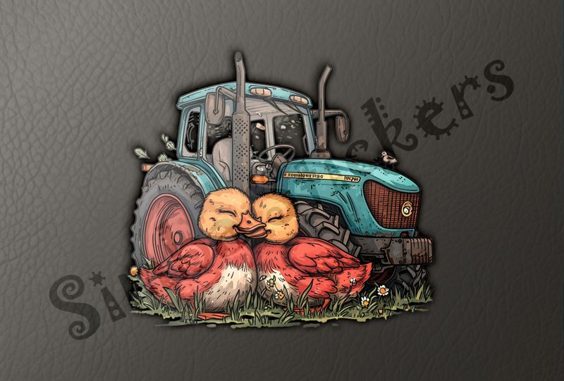 Ducks cuddling in front of green tractor