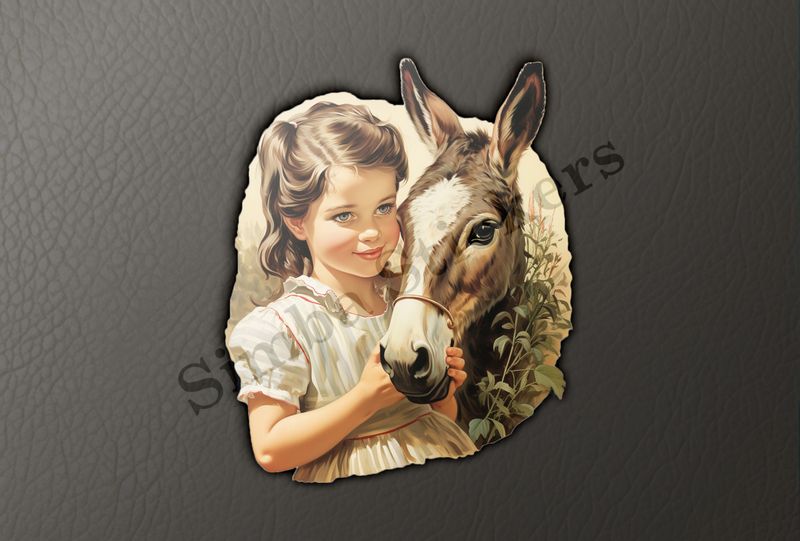 Donkey hugged by small girl of European origin in a white dress
