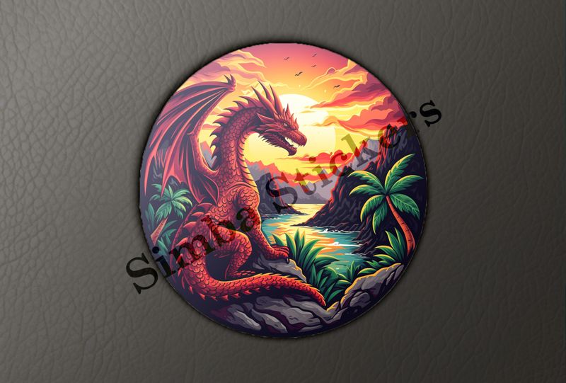 Red dragon, sun in background, in tropical surroundings