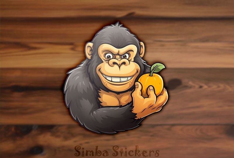 Gorilla holding a fruit and smiling broadly, 6jojkc