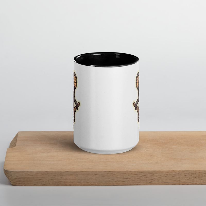 White Ceramic Mug with Color Inside, 11oz &amp; 15oz, Baboon on a tree, looking sad, head-to-head