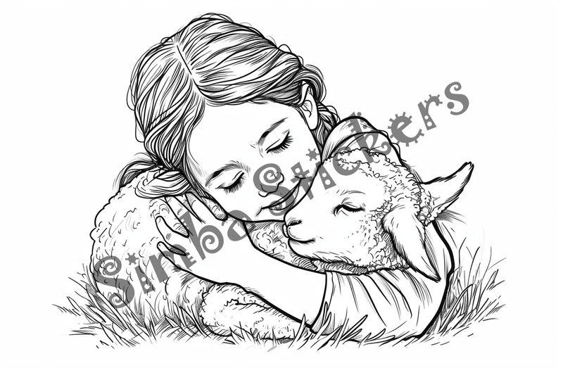 Colouring pages, bundle of sheep snugglig with child, 10 images