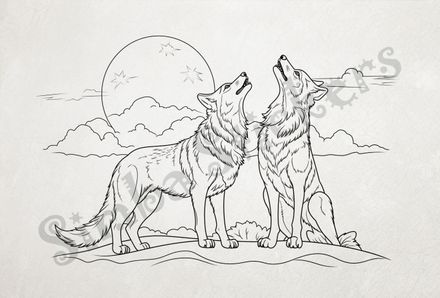 Wolves howling at the moon, outline art