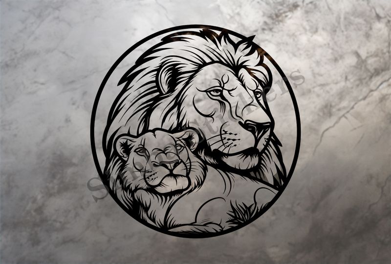 Lion with lioness cuddling, lioness leaning intolion, romantic, outline art
