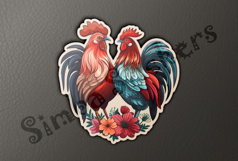 Hen and rooster chicken in love , flowers at their feet