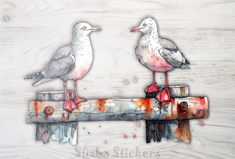 Seagulls perching on a wooden fence, watercolour, mvvdtf