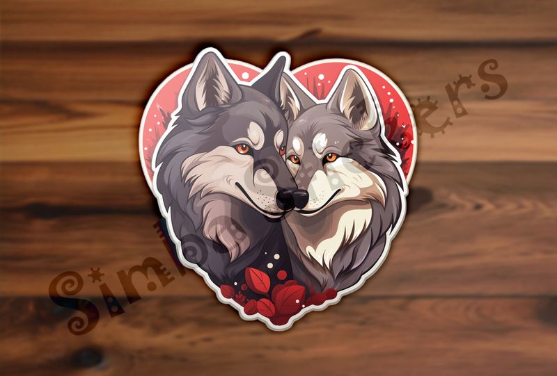 Wolves nose-to-nose, cuddling, in heart shape