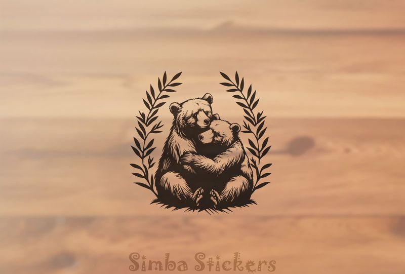 Bears in loving embrace in laurel wreath, outline art, ycthxg