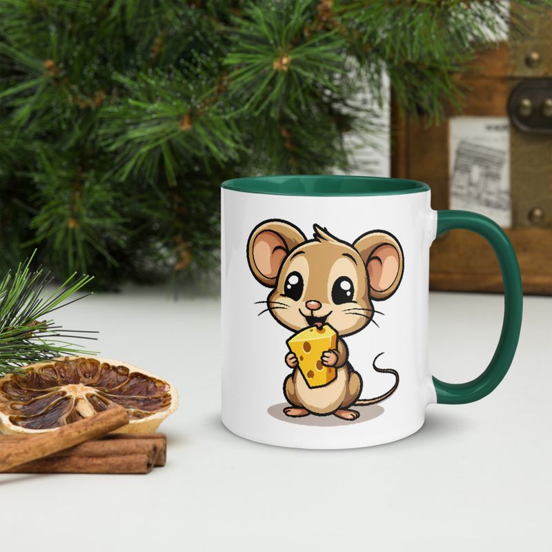 White Ceramic Mug with Color Inside,11&amp;15oz,Small Mouse happily licking large chunk of cheese,pqapy6