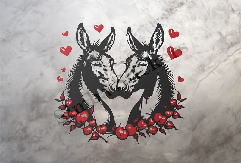 Donkeys in love, nose-to-nose, flower wreath, outline art